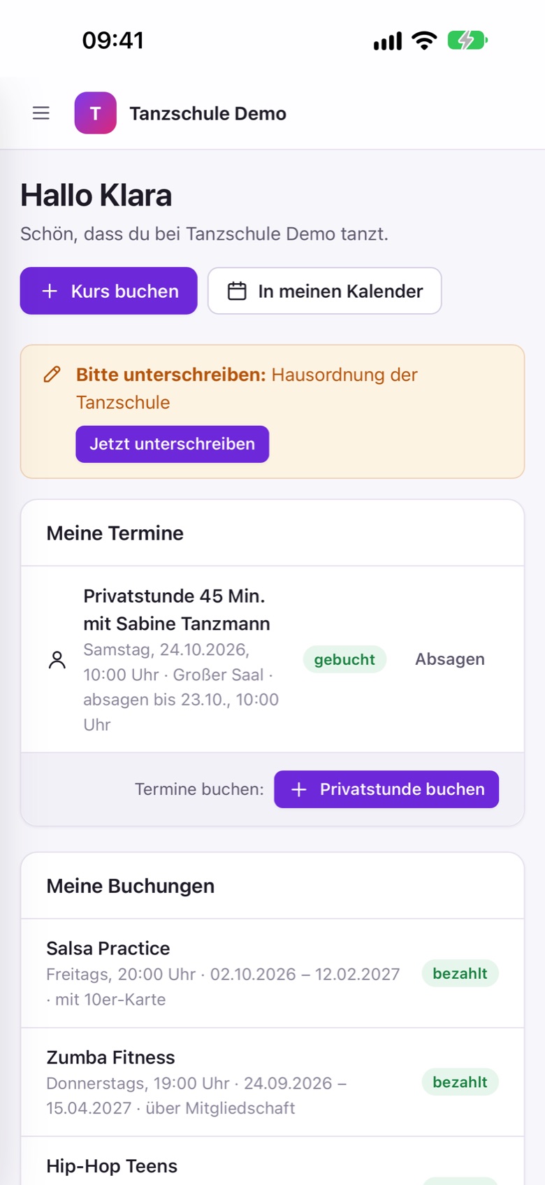 weDance-App auf dem iPhone: Startseite einer Kundin mit Terminen und Buchungen